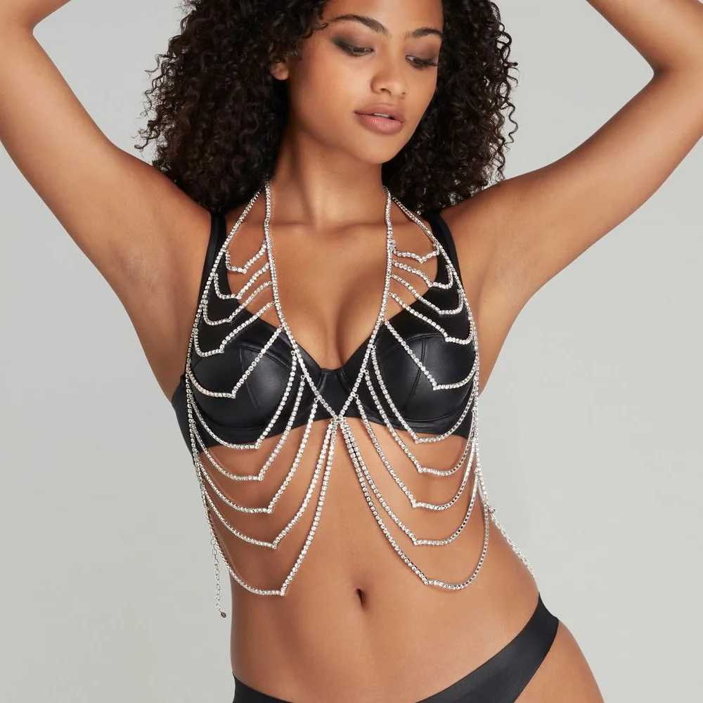 Stonefans Multi-layer Full Rhinestone Bralette Top Body Chain for Women Sexy Hollow Bra Necklace Harness Bikini Accessories