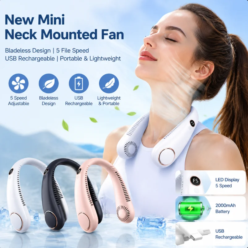 New Mini Neck Mounted Fan 5 File Speed Summer Sports Fan Outdoor Sports Fans USB Rechargeable Air Cooler for Home Office Bedroom