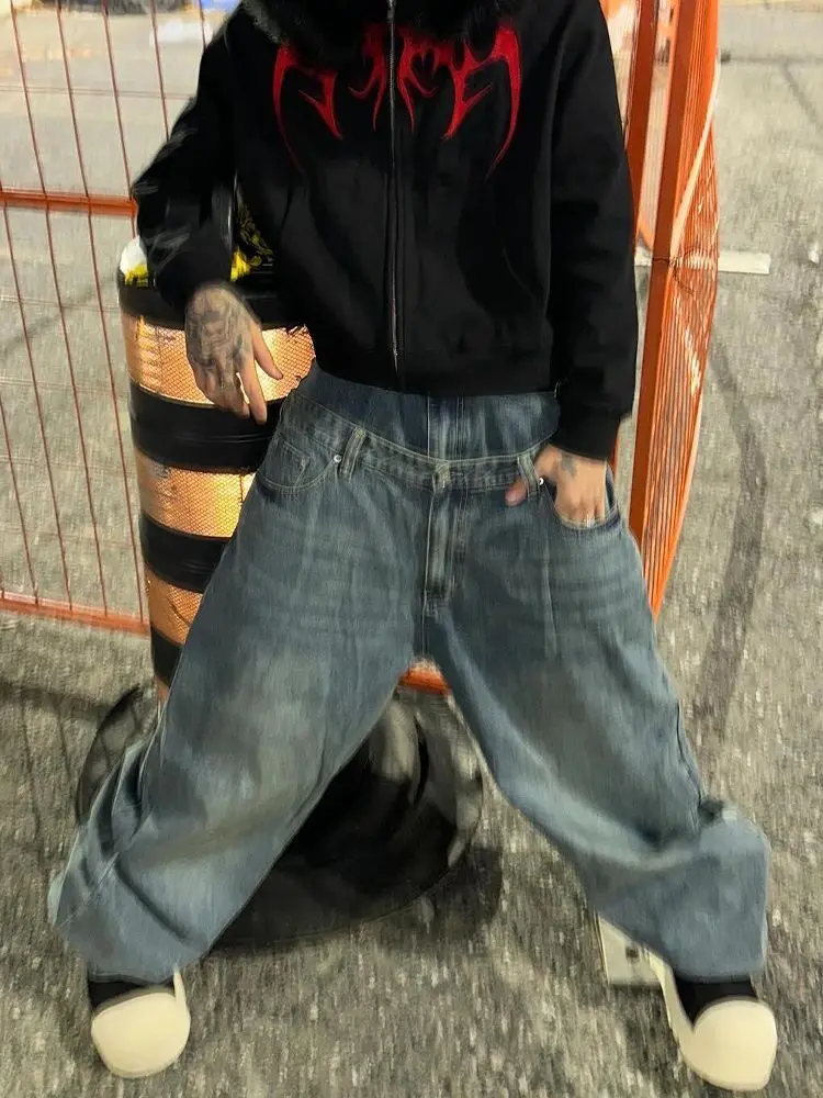 2025, amerikanische Damenjeans mit doppelter Taille, Y2k-Retro-High-Street-Lazy-Style-Bodenhose mit weitem Bein für Männer und Frauen