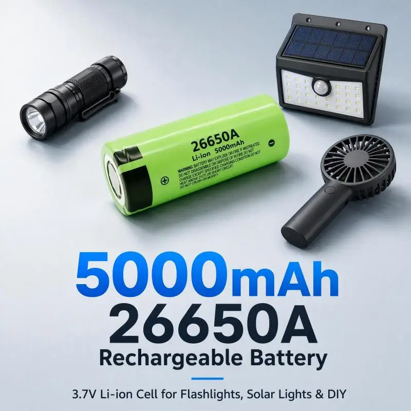 26650A Rechargeable Lithium‑Ion Cell 3.7V 5000mAh Battery for Flashlight Solar Lights Small Fan Electric Lamps DIY Projects