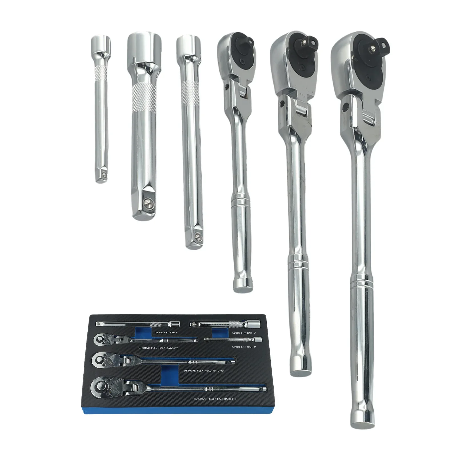 

6PC 1/4 3/8 1/2inch Flex Head Ratchet Wrench Drive Swivel Extension Bar 72 Tooth Flex Head Ratchet Set Is A Great Addition