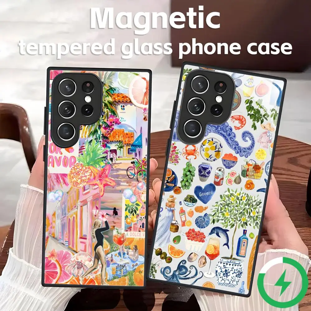 Ocean Wine Glass Lemon Phone Case For Samsung S25 S24 S23 S22 S21 S20 Plus Ultra Note20 Glass Magnetic Case