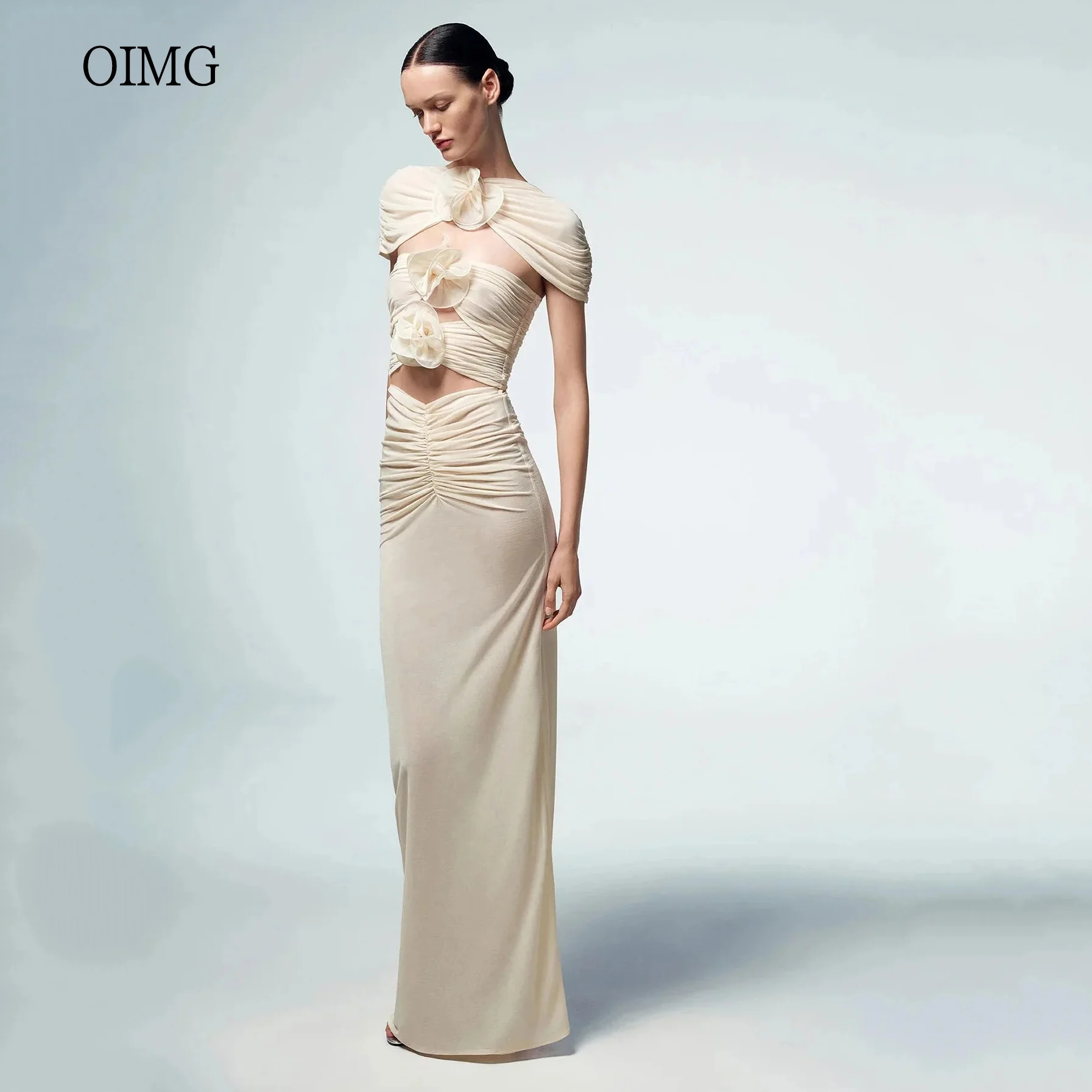 

OIMG High Neck Mermaid Prom Gowns Short Sleeves 3D Flowers Party Gown Floor Length Evening Dress vestidos de festa Customized