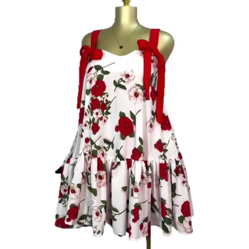 Women's Floral Printed Dresses Flare Sleeveless Bow Strap Belt Mini Dress 2025 Summer Evening Sexy Beach Party Birthday Vestidos
