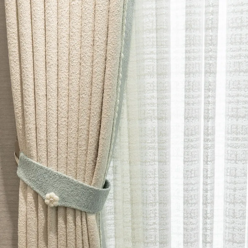 New Pastoral Mint Beige Stitching Thickened Chenille Blackout Curtains for Living Room Bedroom Balcony French Window Valance
