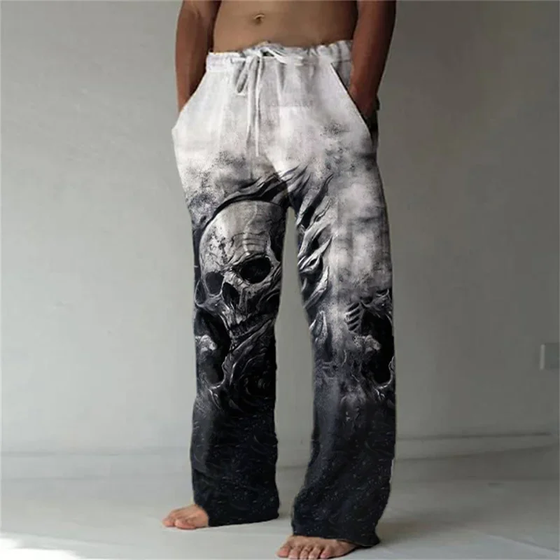 Men's Cotton Drawstring Casual Pant Skull Tie Dye Gothic Punk Streetwear Straight Trousers for Men Pockets High Street Style