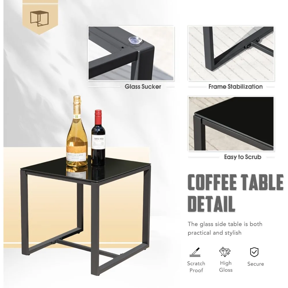 ชุดเฟอร์นิเจอร์กลางแจ้ง เก้าอี้บิสโทรสำหรับลานบ้าน พร้อมโต๊ะกาแฟกระจก สำหรับสระว่ายน้ำ ชายหาด สนามหลังบ้าน ระเบียง ลานเฉลียง สวน สีดำ