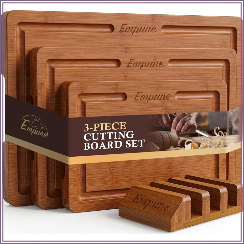 3-Piece Extra Thick Bamboo Cutting Board Set with Juice Groove, Deep Carbonized Chopping Boards for Kitchen, Reversible 