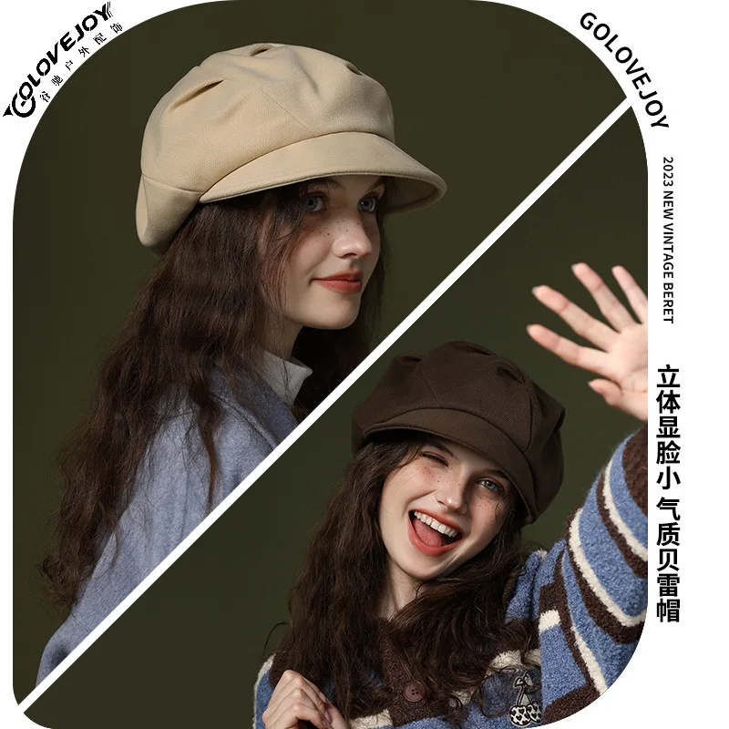 

Fashion Women Head Beret Show Face Small Octagonal Painter Hat Versatile British Retro Tweed Warm Clouds Winter Hats Party