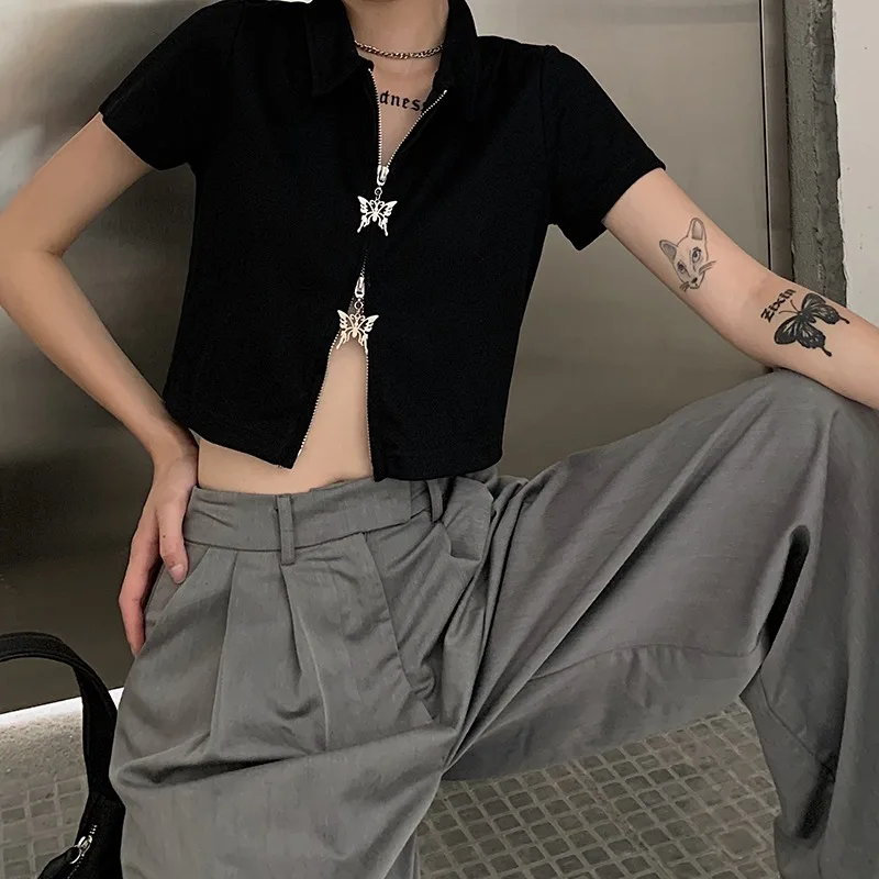 2024 New Niche Butterfly Zipper T-shirts Women Solid Color Short-sleeved Short Tops Korean Style High Street Casual Tees Female