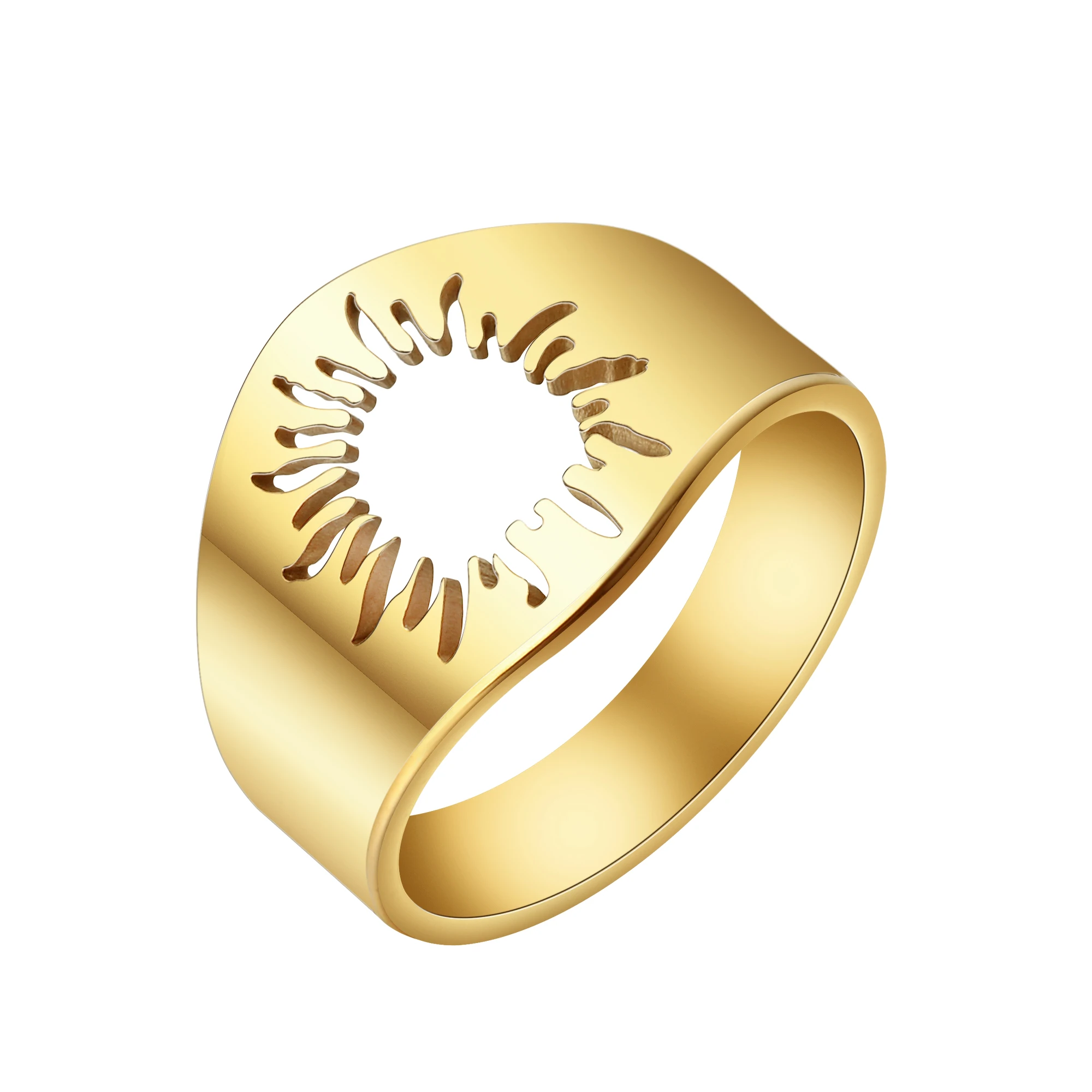 Kinitial April Stainless Steel Sun Signet Ring Sunflower Ring Round Signet Ring Stainless Steel Ring Ladies Simple Rin