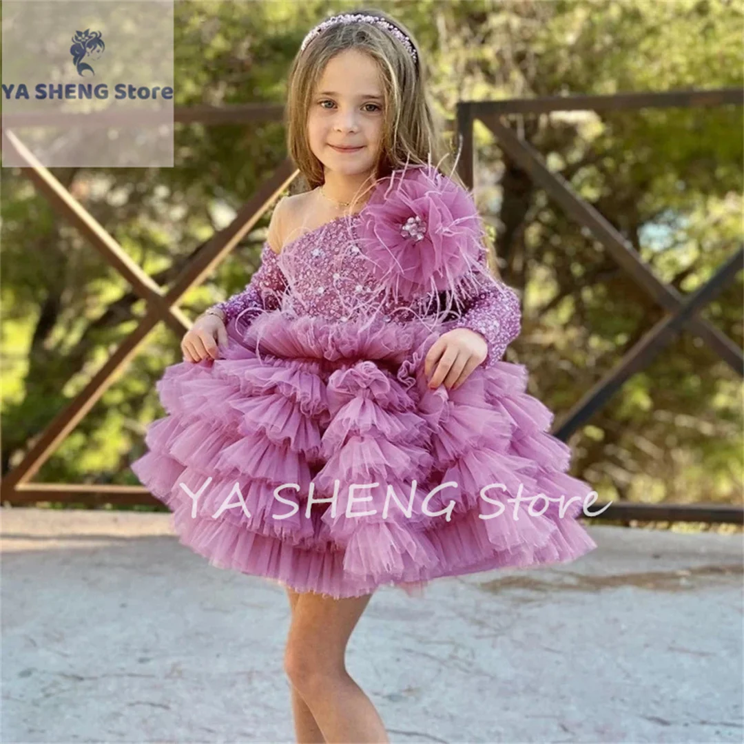 Sequined Tulle Flower Girl Dresses Fake One Shoulder Full Sleeves Pageant Dress With Detachable Train Long Wedding Party Gowns