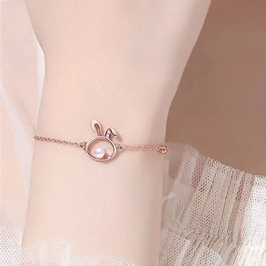 Cute Pearl Rabbit Bracelet Female Party Accessories Rose Gold Hand Accessories Bracelet 925 Silver Women Zodiac Bangle Jewelry