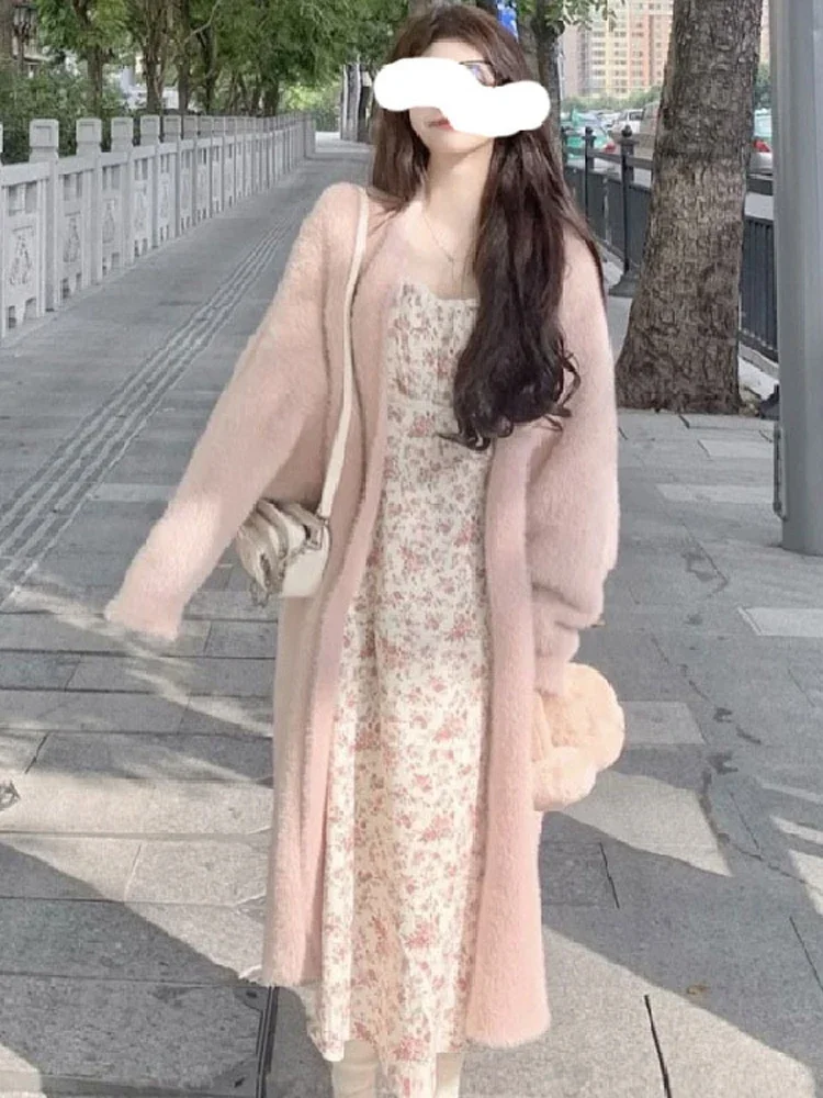 Woman Solid Long Cashmere Cardigan Coat Korean Sweet Fluffy Long Sleeve Sweater Winter Warm Loose Female Midi Knitted Clothing