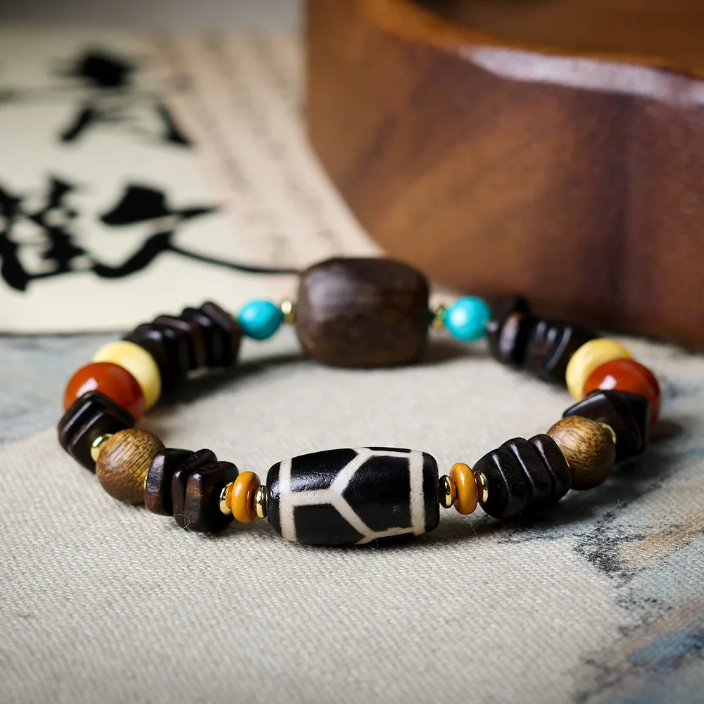 Original Darakan incense wood strings cultural toys Tibetan jewellery rich dzi beads beeswax cake country style bracelet