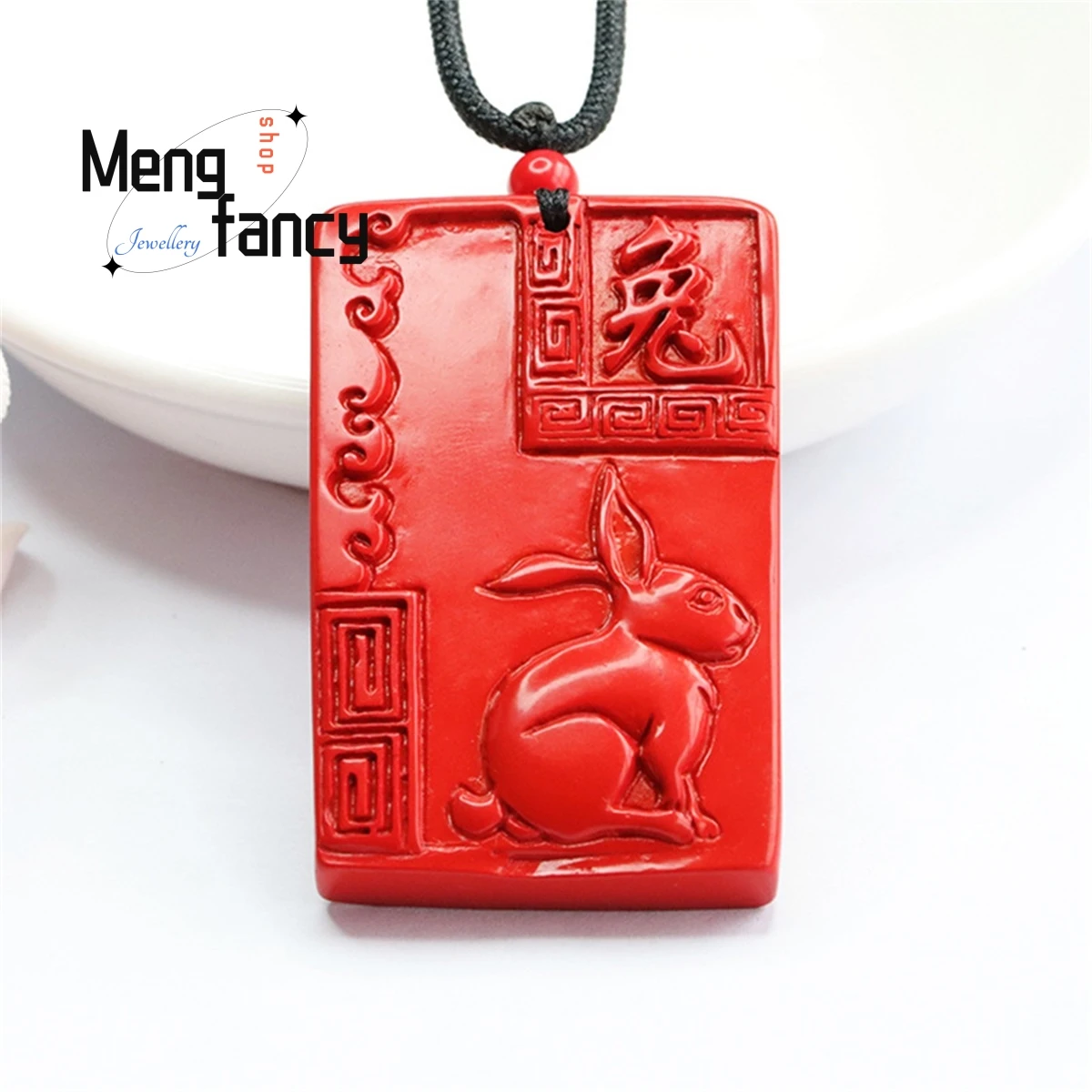 

Natural Cinnabar Zodiac Rabbit Square Pendant Rosary Rope Simple Personality Charm Boutique Fashion Men Wome Amulet Mascot Gift