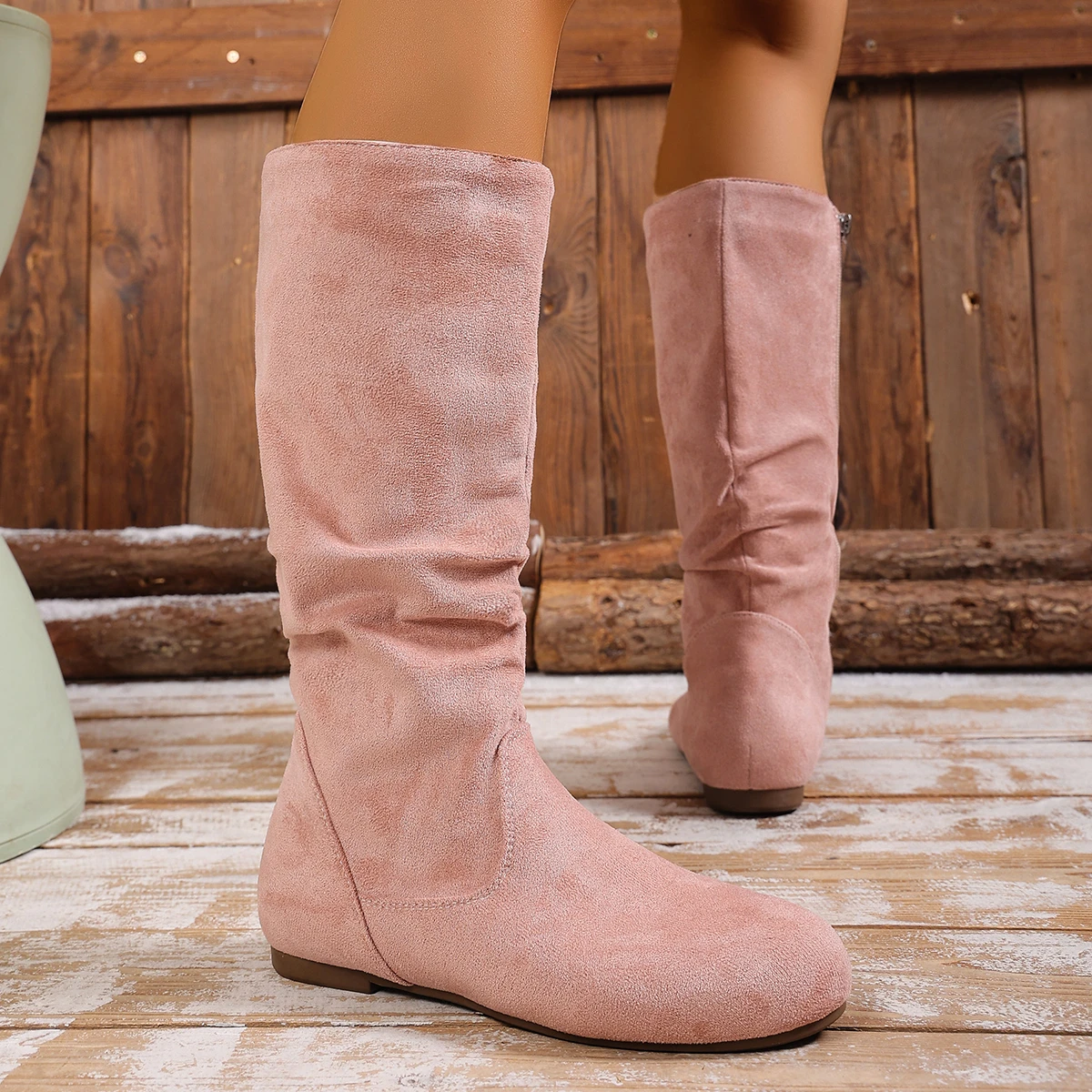 Heißer Verkauf Damen Stiefel Side Zip Mittlere Waden Stiefel Trend Wildleder Frauen Flache Stiefel Luxus Plus Größe Frauen Schuhe Hohe Qualität Botas Mujer – Detail 19