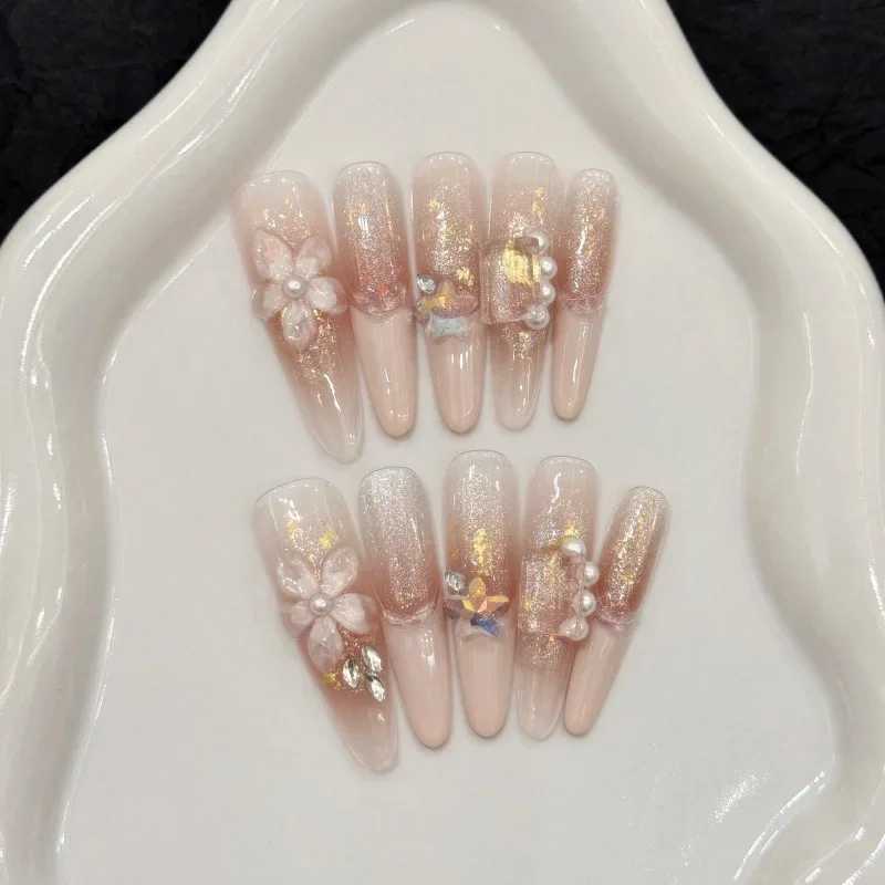 

10PCS Sweet Pink French Handmade False Nails Shiny Cat Eye 3D Carved Flower Pearl Long Almond Press on Nails Full Cover Wearable