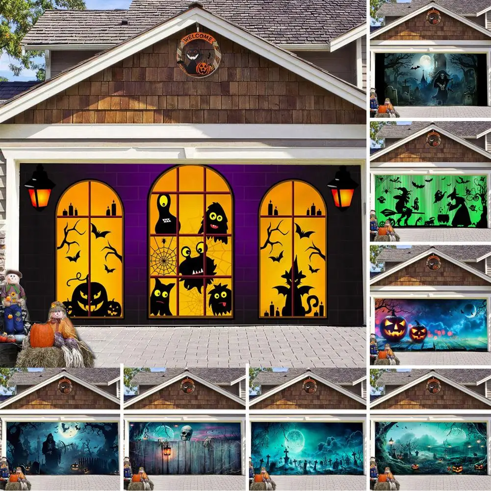 Festive Holiday Garage Door Tapestry Halloween Witch Haunted House Garage Door Tapestry Set with Installation Package Spooky