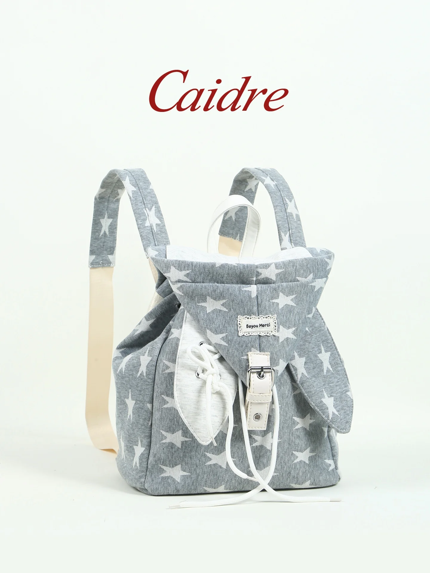 Caidre Korean Style Rabbit Ear Canvas Backpack Large Capacity Travel Bag for Women Soft Shoulder Strap Daily Use Bucket Shape