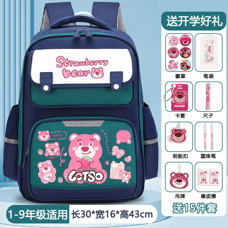 Sanrio-mochila escolar con diseño de oso de fresa para hombre y mujer, morral protector de gran capacidad con dibujos animados, ideal para estudiantes y niños