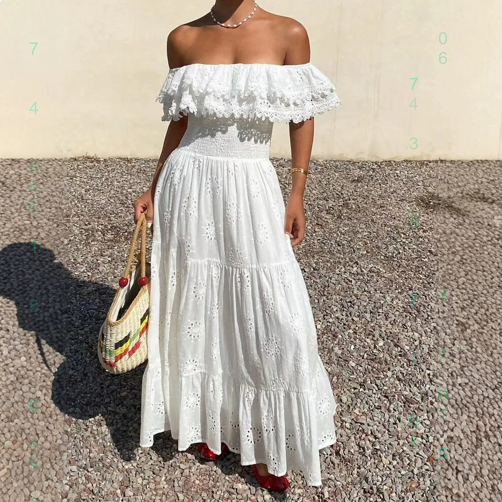 

Bohemian Off Shoulder Lace Trim Dress Dresses Spring Summer Floral Boho Beach Maxi Dress