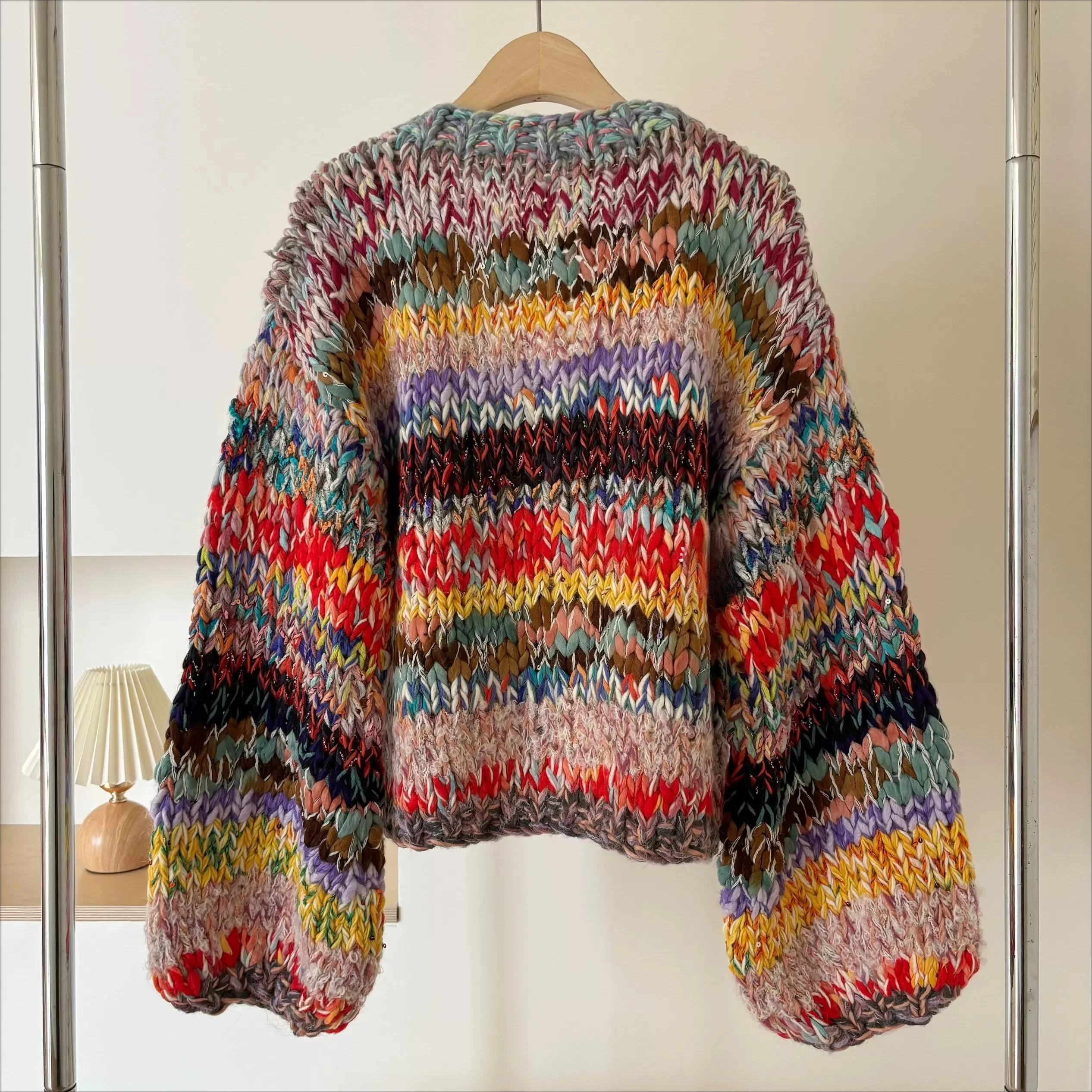 Multi-Color Chunky Knit Cropped Cardigan Oversized Rainbow Handmade Drop Shoulder Sweater Hand-knit Jumper 2026 Winter