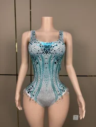 Blue Rhinestones Sequins Designed Leotard Evening Birthday Celebrate Bodysuit Costume Performance Dance Sexy Crystals Outfit