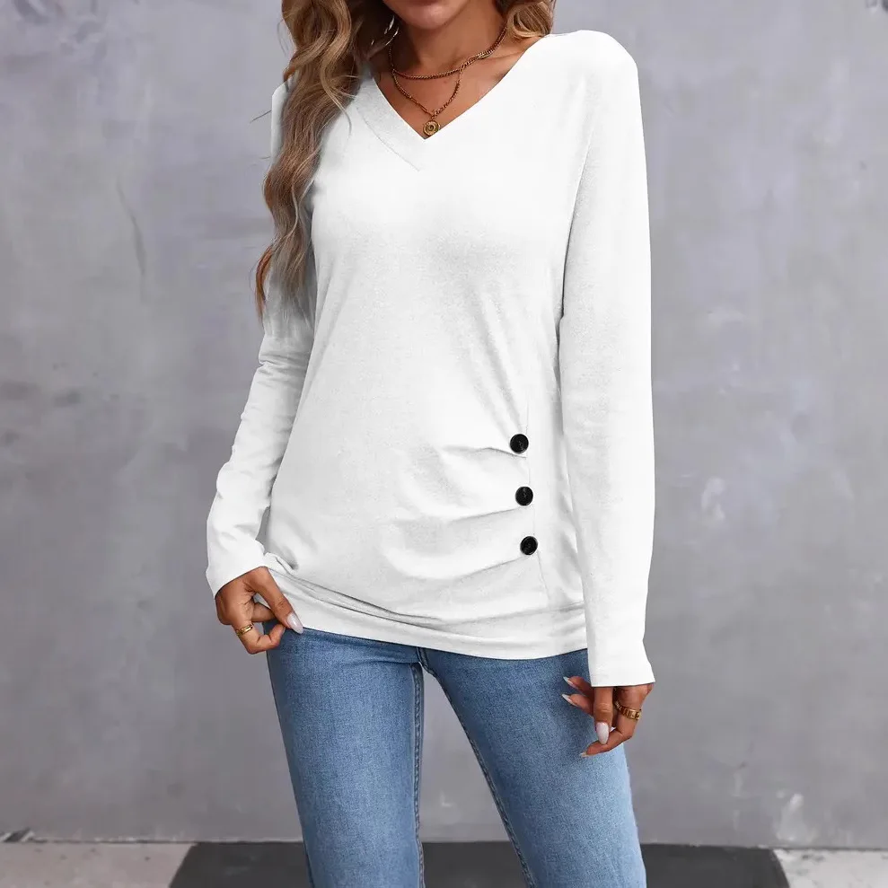 V-neck Side Button Long-sleeved Spring Summer Versatile Solid Color Slim Office Commuter Top Women's Knitted Comfortable T-shirt