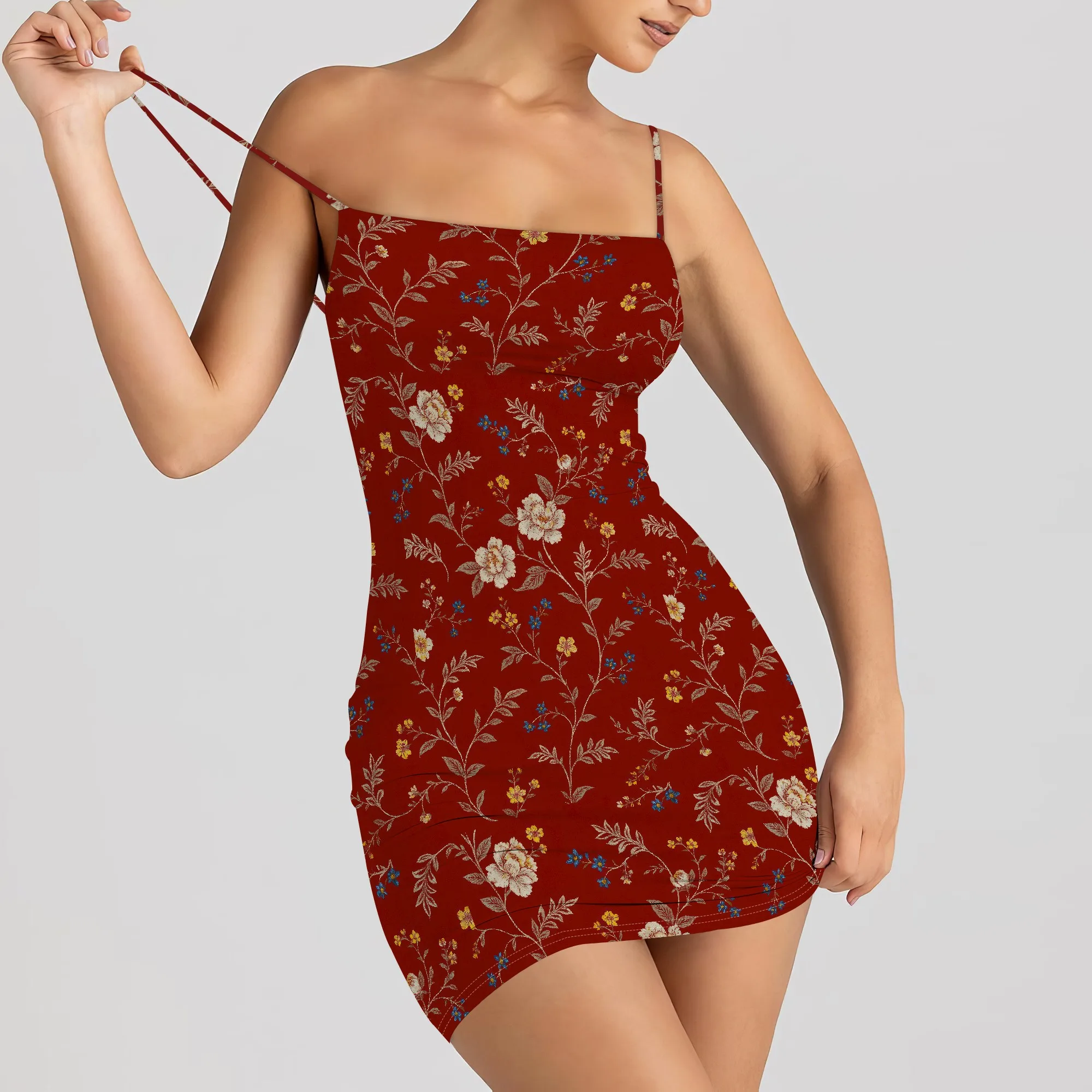 ผู้หญิง Ditsy ดอกไม้ Ruched Cami ชุดมินิเอวสูงสปาเก็ตตี้ชุดดินสอ