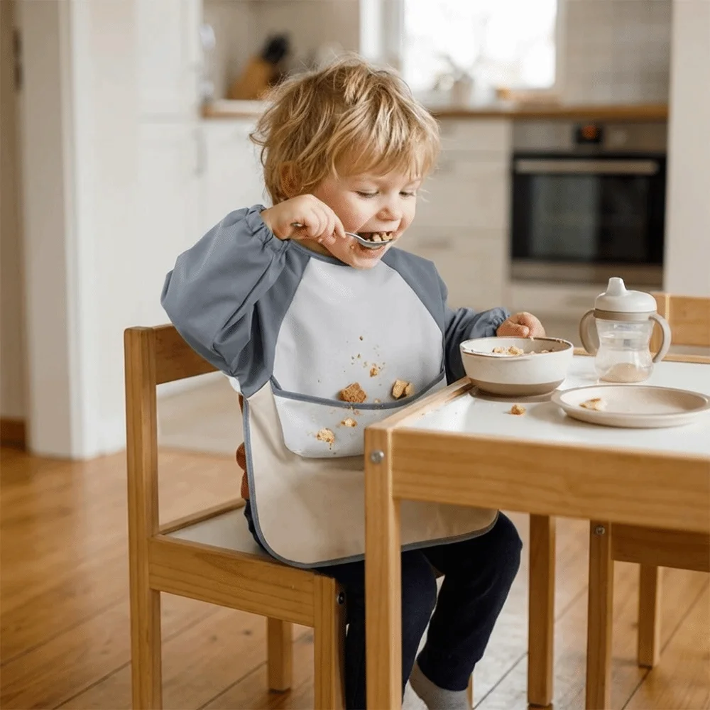 Easy Clean Solid Color Baby Feeding Bib Soft Easy Clean Long Sleeve Bib Long Sleeves Reusable Children PU Bibs Infant Use