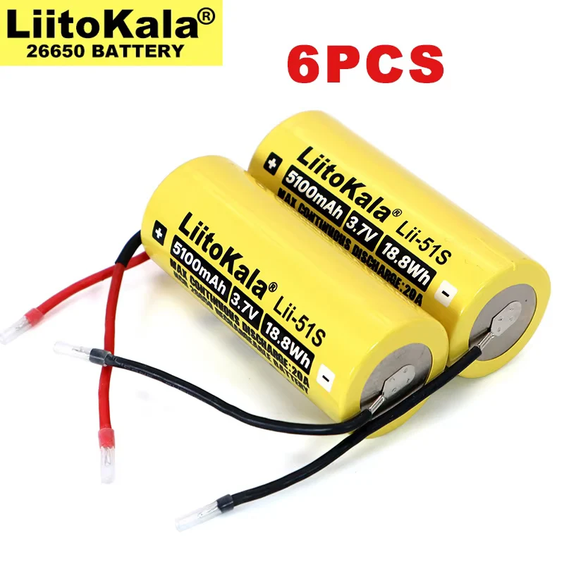 6 قطعة Liitokala جديد LII-51S لتقوم بها بنفسك سلك 26650 8A الطاقة بطارية ليثيوم قابلة للشحن 26650A 3.7 فولت 5100mA