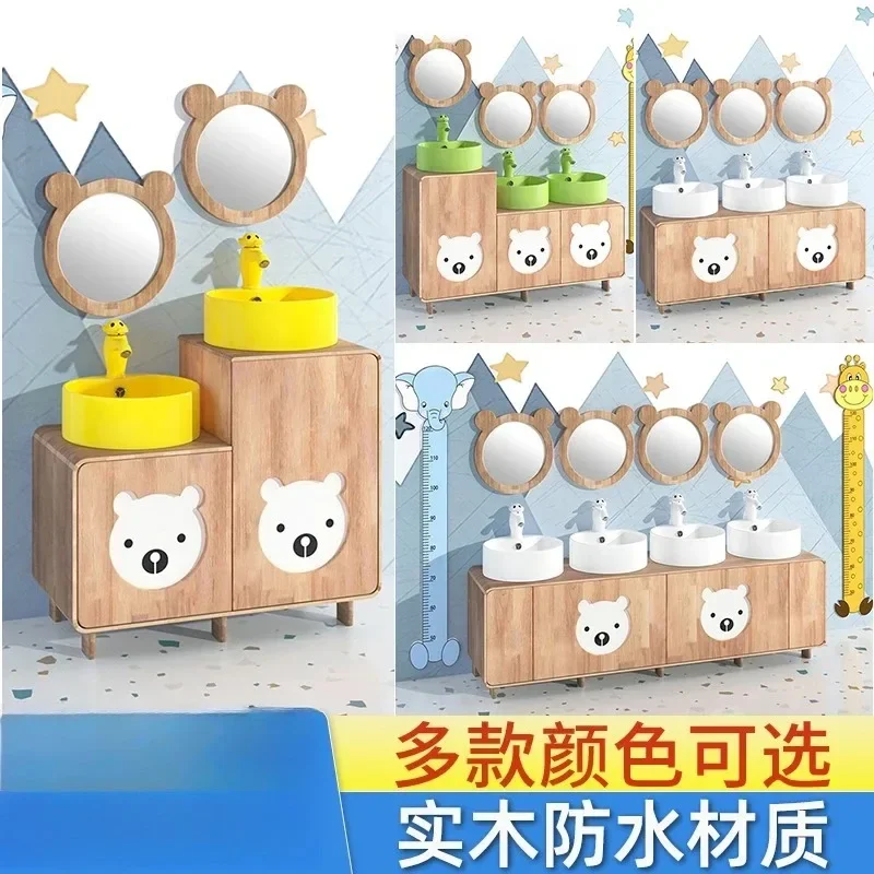 خزانة حمام من الخشب الصلب للأطفال في رياض الأطفال، وحوض غسيل مرتفع ومنخفض للأطفال برسوم كرتونية، وخزانة مجموعة مغسلة