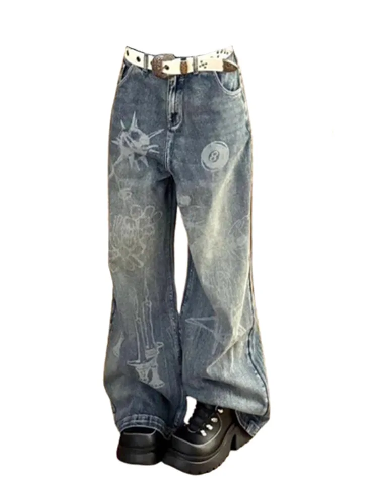 

New Gyaru Print Graphic Jeans Blue High Waist Wide Leg Pants Denim Baggy Casual Tide Streetwear Woman Trousers 2000s Aesthetic