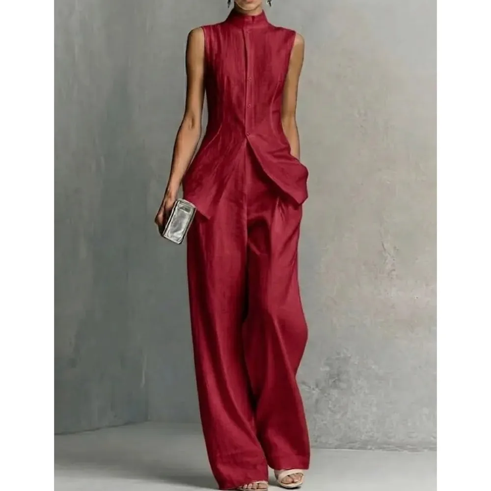 Fashion Stand-up Collar Sleeveless Tops Trousers 2 Piece Set Summer New Slim Elegant Wide-leg Trousers Female Office Suit 2026 - view 3