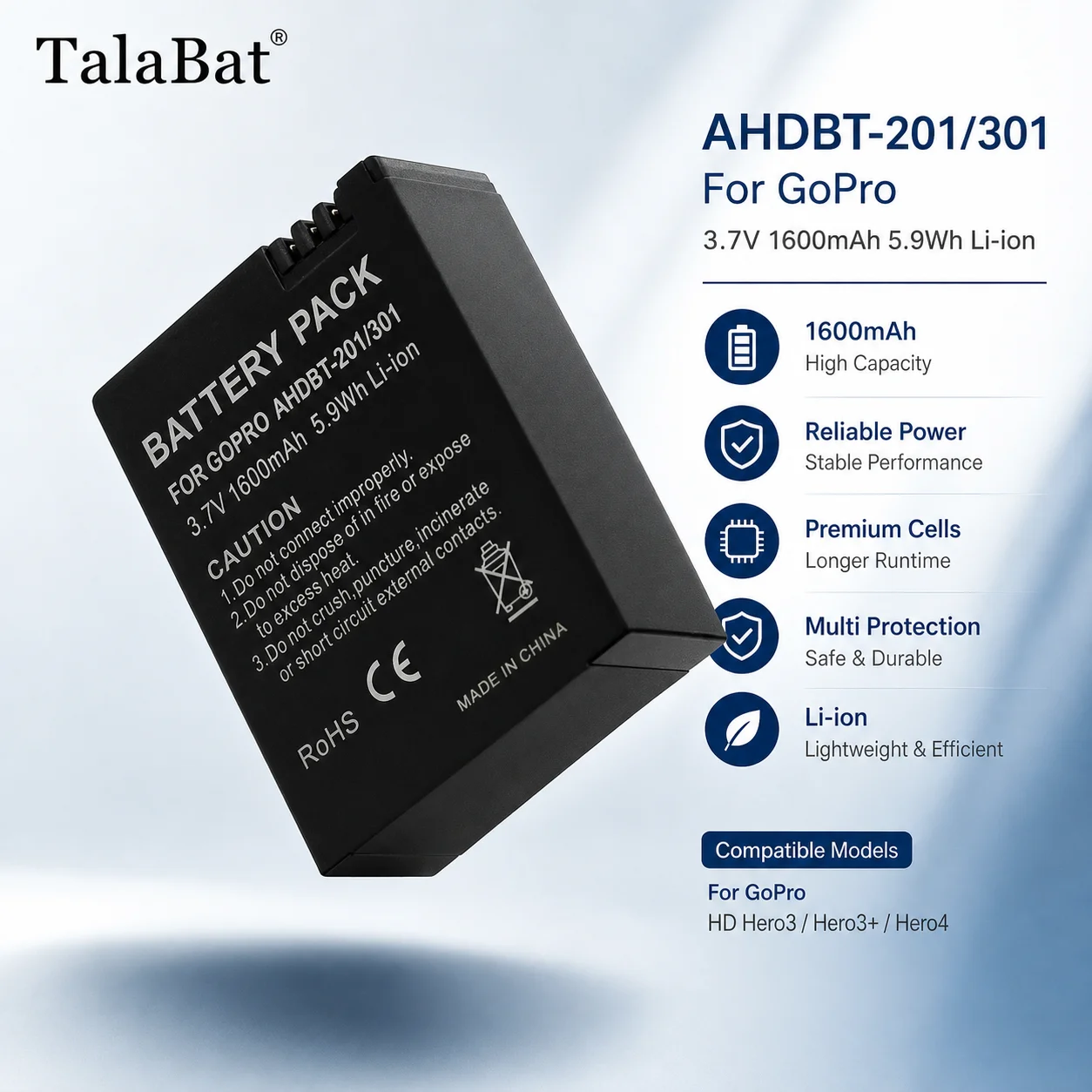 600mAh AHDBT-301 AHDBT-201 Rechargeable Digital Camera Battery Replacement Pack For GoPro Hero 3 and Hero 3+ Action Camera