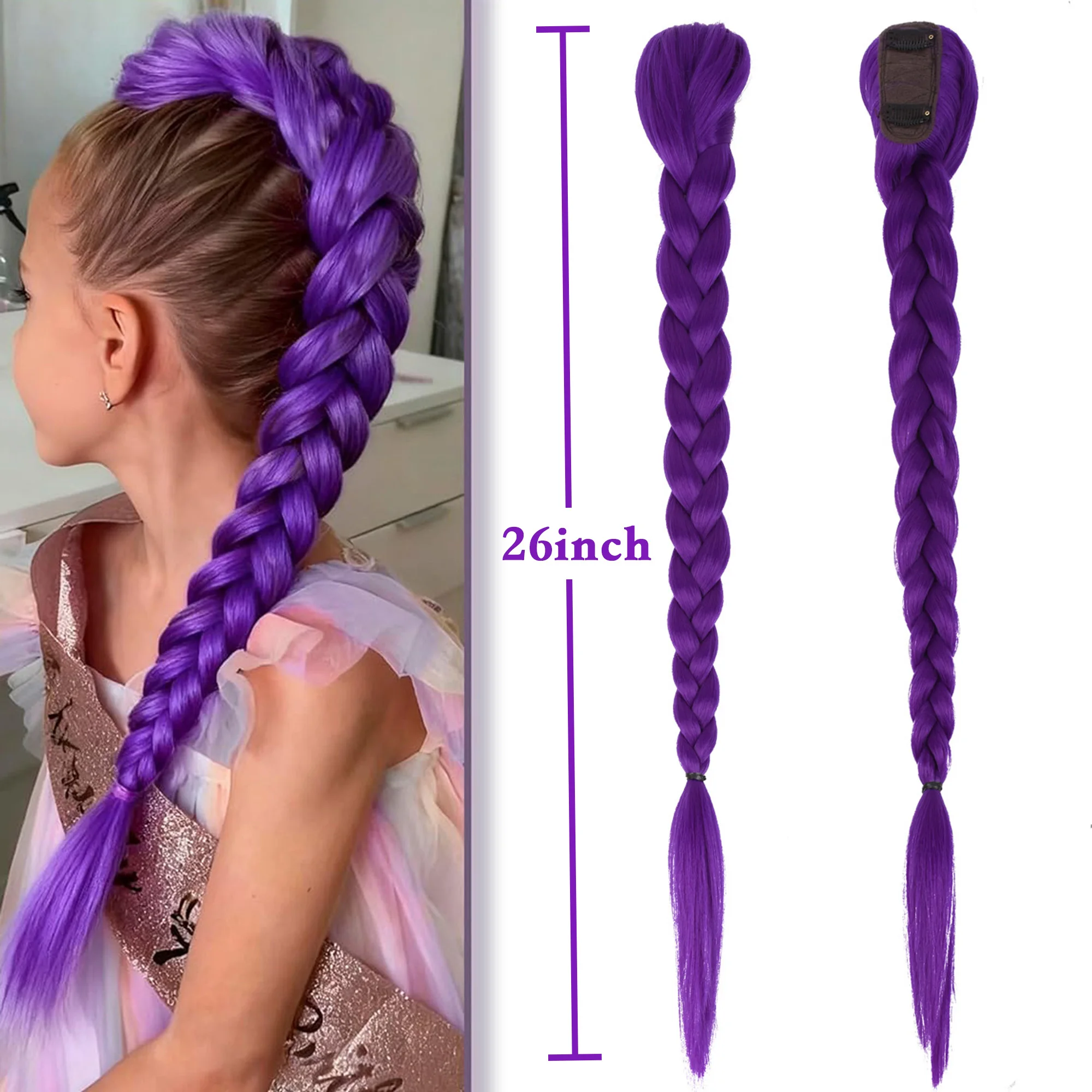 26 Zoll Lila Geflochtener Clip-in Pferdeschwanz Haarverlängerung Langer Pferdeschwanz Synthetische Haarteile Cosplay für Kinder Mädchen Halloween Weihnachten