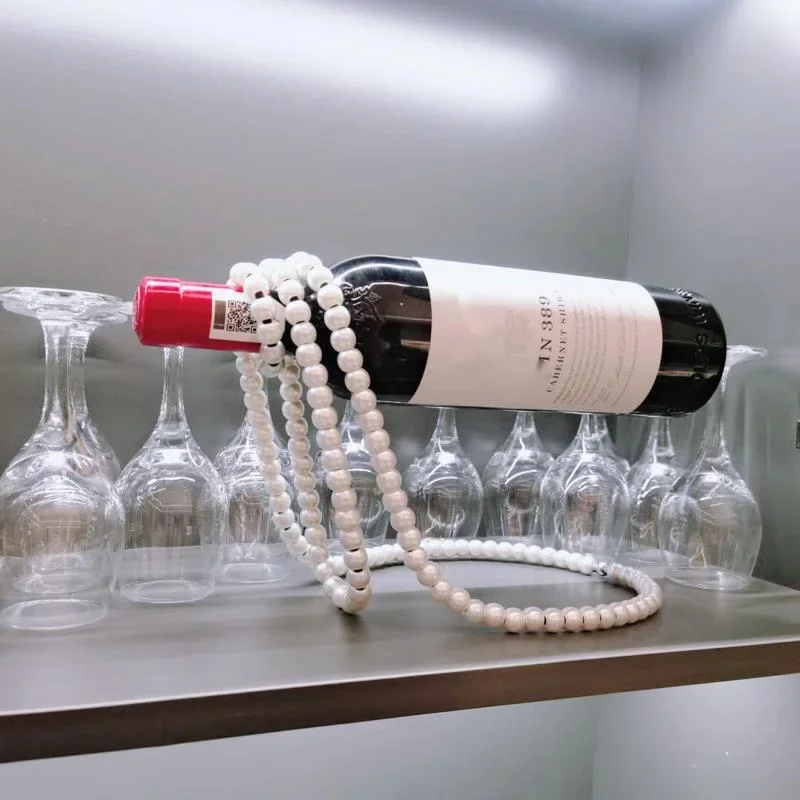 Luxury Suspension Pearl Necklace Wine Bottle Holder Rack Creative Wine Rack Magic Metal Resin Hanging Home Desktop Decoration