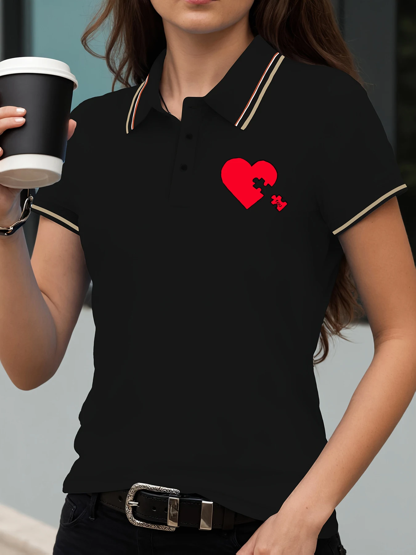 

A Red Heart That Loves You Printed Polo Shirt Women Summer All-Match Short Sleeve Multicolor Contrast Golf Shirts Lapel Tops