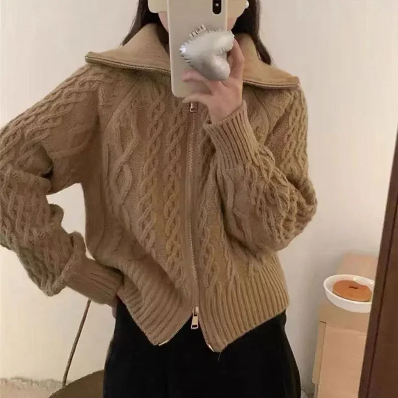 Knitted Cardigan Solid Loose Turn Down Collar Zipper Knitwears 2023 New Autumn Korean Style Vintage Sweet Thicken Women Sweater