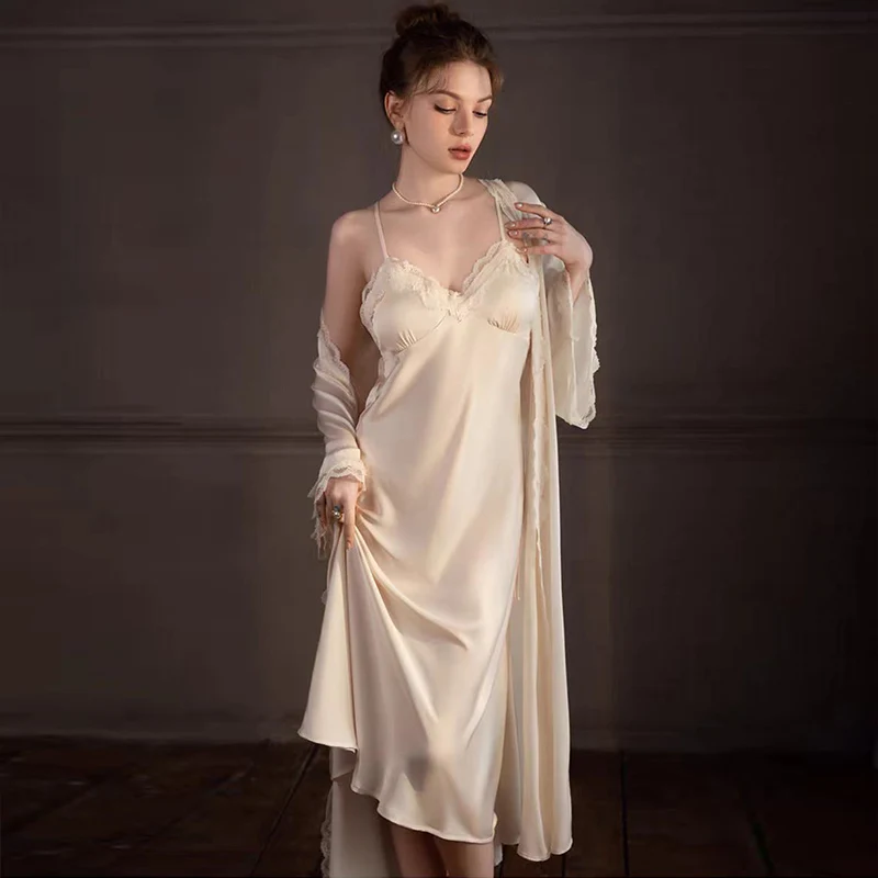 

DAIMELU pajamas with chest pads sleepwear set sexy Nightgowns ice silk nightwear lace splicing extended pyjama female nightdress