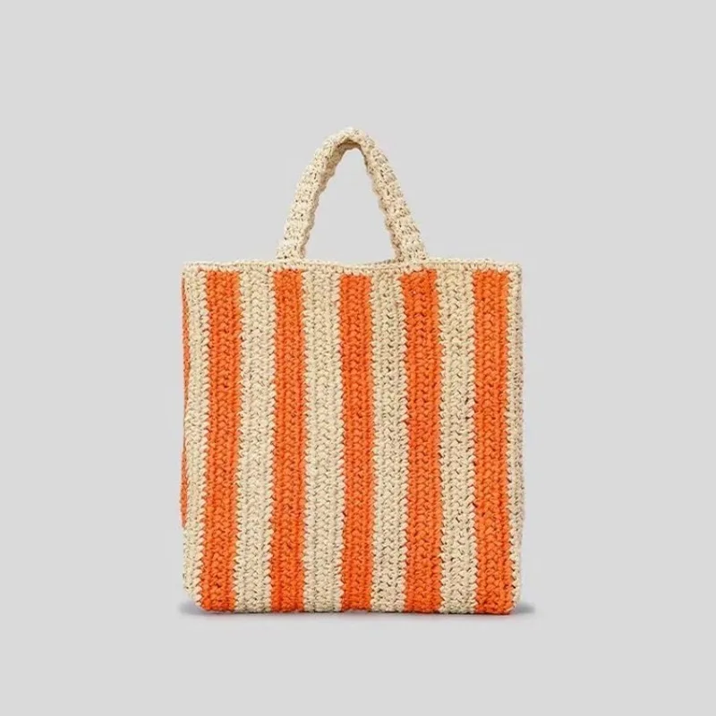 Women's fashion striped grass woven handbag letter woven handbag handmade summer beach bag travel shopping large capacity bag