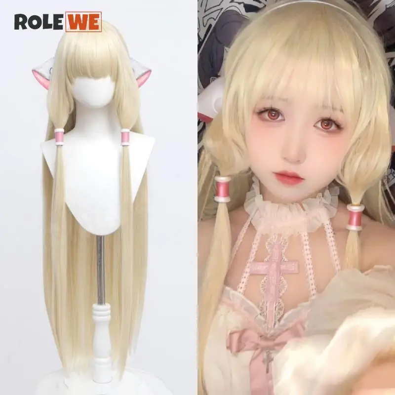 Nowy! Anime Chobits Chi peruka do Cosplay 100cm długi prosto jasny złoty peruka Chobits Chi żaroodporne włókna peruki + czapka z peruką