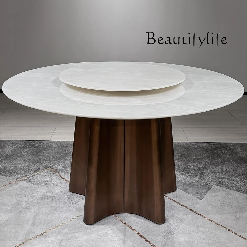 

Luxury stone dining table round household dining table Italian light natural marble high-end large round dining table
