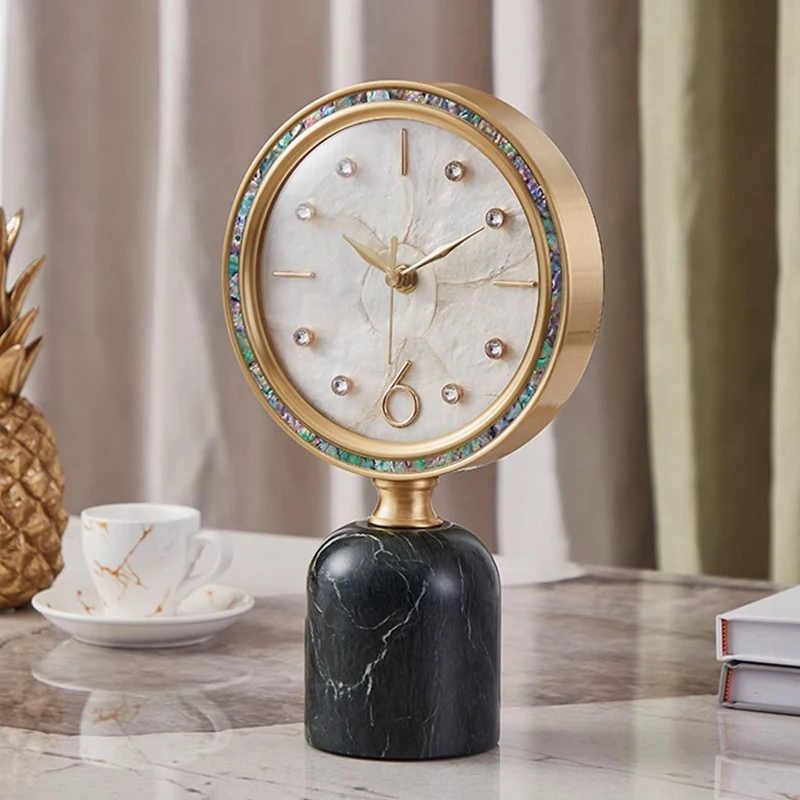 Copper Table Clock Shell Dial Marble Base Decoration Room Bedroom Bedside Modern Simple Office Desk Fireplace Standing Clocks