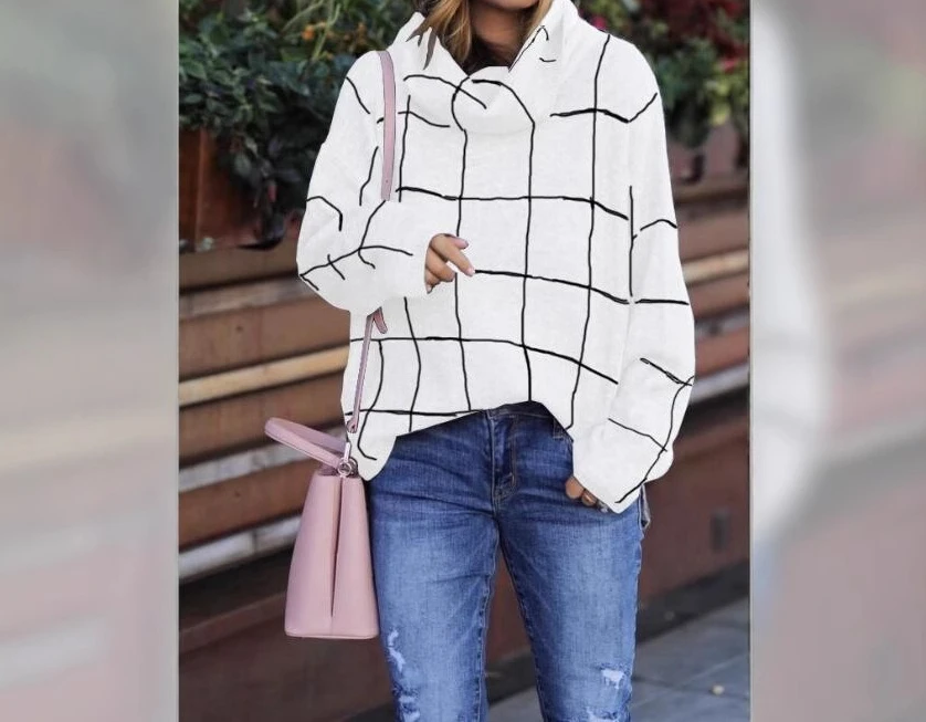 

2025 Winter New Plaid Sweater Pullover High Neck Knitted Sweater for Women Fashionable and Versatile