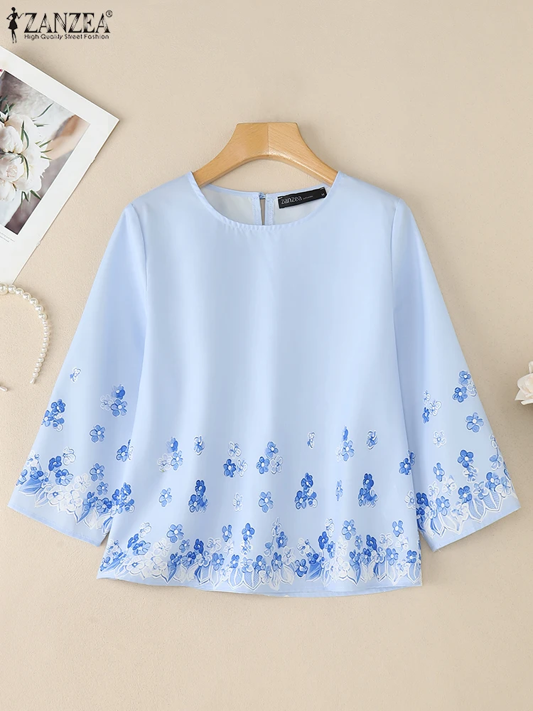 

ZANZEA Women Elegant Blouses Round Neck Summer Day Wear Casual Chemise Femme Three Quarter Sleeve Floral Printing Blusas Mujer