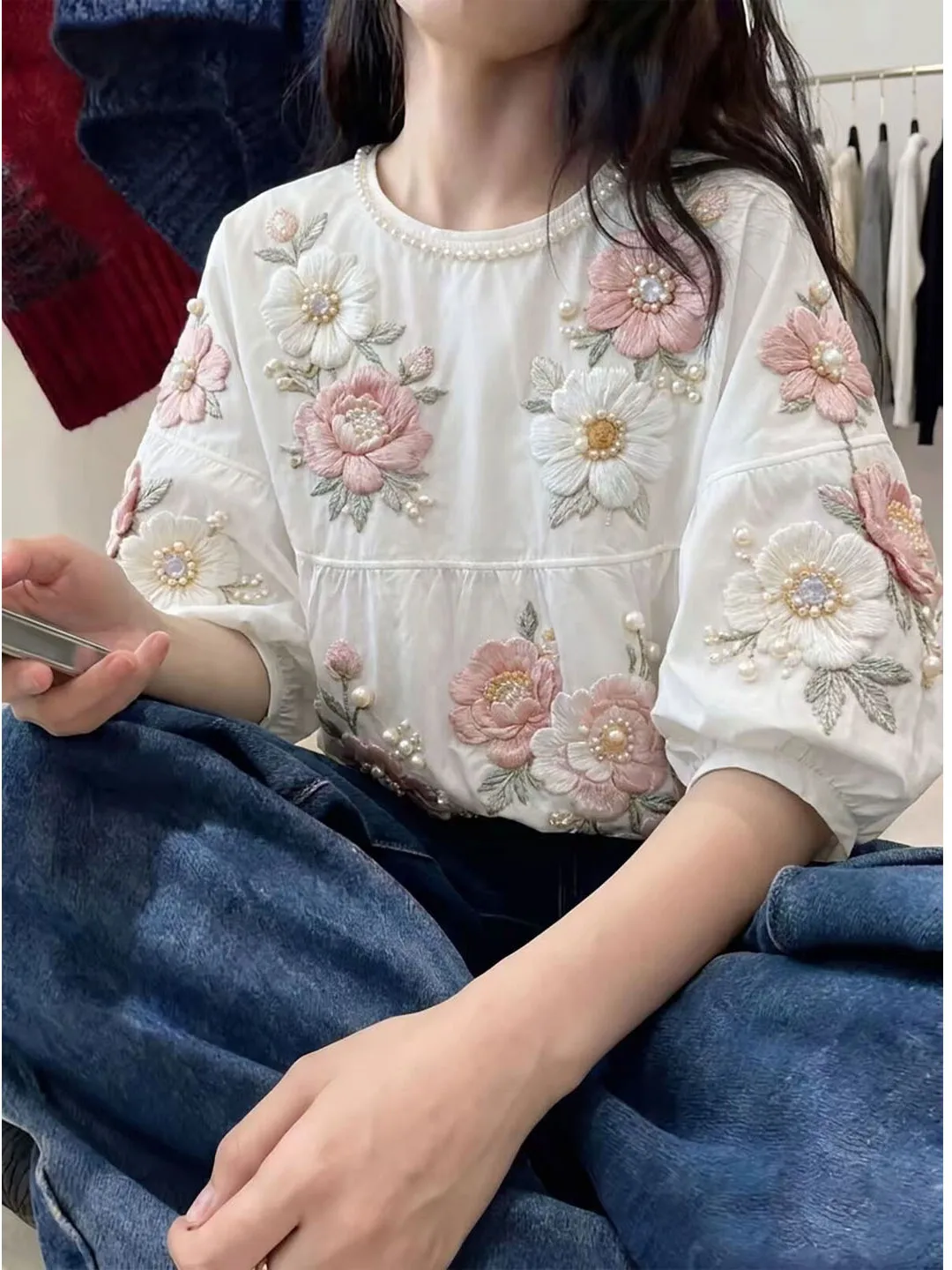 Summer 2026 Fashionable Loose Women's T-shirt Pearl Embellished Floral Print Casual Top Korean Style Bubble Sleeve Clean Color