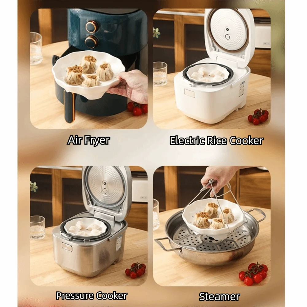 High Legged Ceramic Steamer Flower Shape Hollow Porous Steamer Rack High Temperature Resistant Food Grade Kitchen Steaming Tray