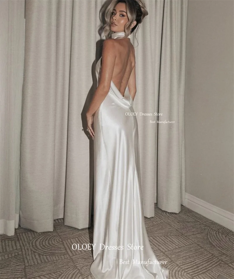 OLOEY Sexy Backless Silk Satin Wedding Dresses High Neck Straight Country Women Simple Bride Gowns White Formal Party Dress